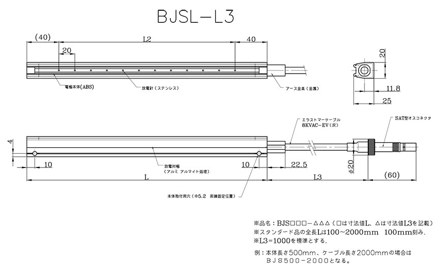 BJS「バー型」 （バータイプ 省スペース対応）バー型除電電極 エリミノスタット 外観図