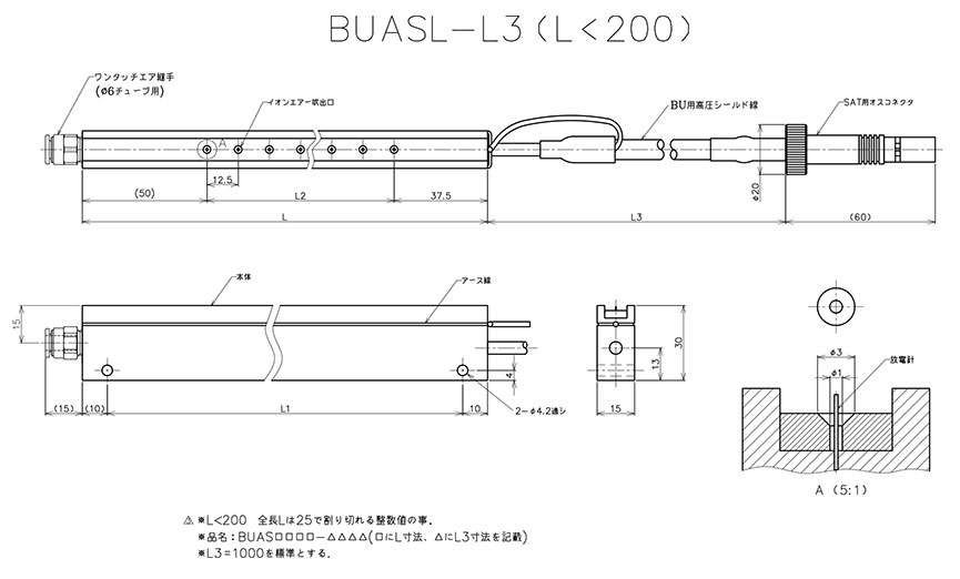 BUAS「エア型」 （バータイプ 省スペース対応）エア型除電電極 エリミノスタット 外観図