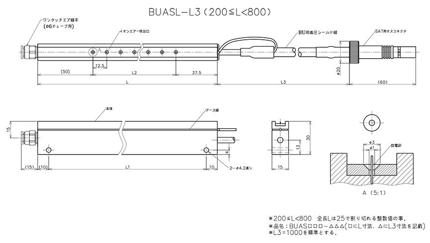 BUAS「エア型」 （バータイプ 省スペース対応）エア型除電電極 エリミノスタット 外観図