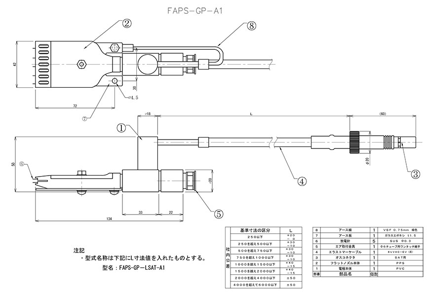 FAPS-GP「エア型」 （ノズルタイプ フラット型）エア型除電電極 エリミノスタット 外観図