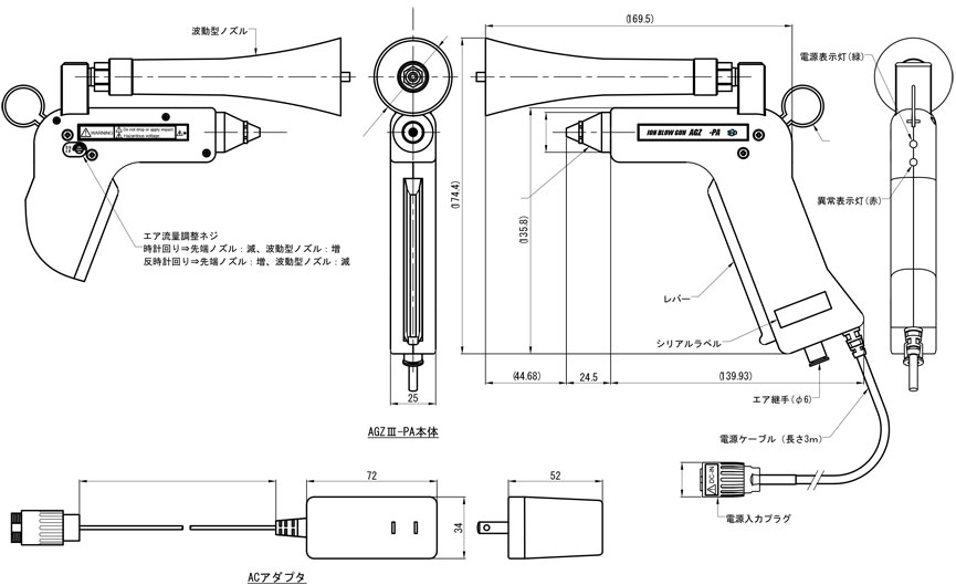 AGZⅢ-PA 高周波式除電装置 ピエゾナイザ 外観図